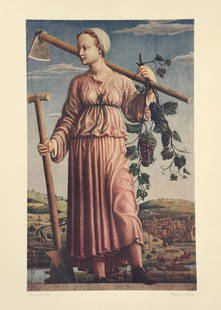 Francesco del Cossa litho print vintage Renaissance: Vintage litho print on thick paper. Paper size: 13,8 x 20 in. (35 x 51 cm). Francesco del Cossa (1430-1477, Italian). 'Allegorie des Herbstes' ('Allegory of autumn'). Publisher: Veb Verlag Der Kunst.