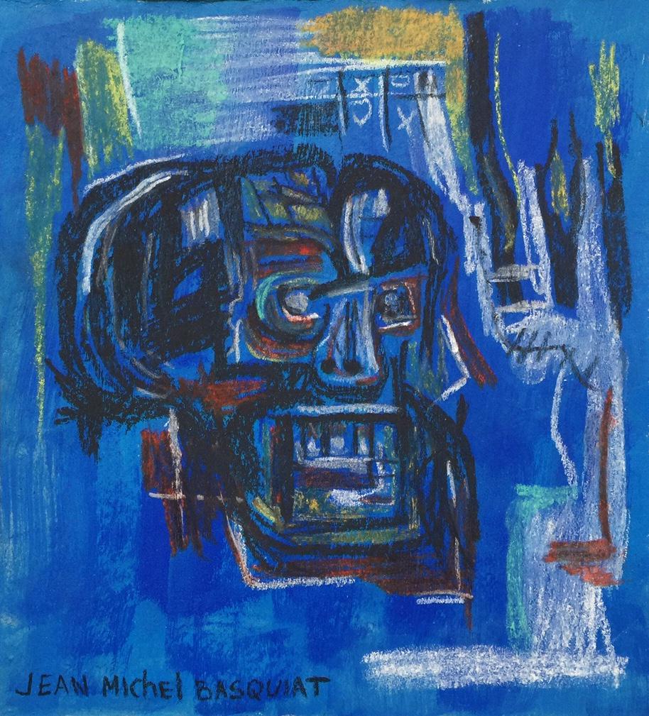 Mixed media on paper Jean-Michel Basquiat American: Mixed media on thin cardboard. Signed lower left. From a private collection. 7,9 x 8,7 in. (20 x 22 cm). Jean-Michel Basquiat (1960-1988). It is being sold in the manner or style of the artist. Abstra