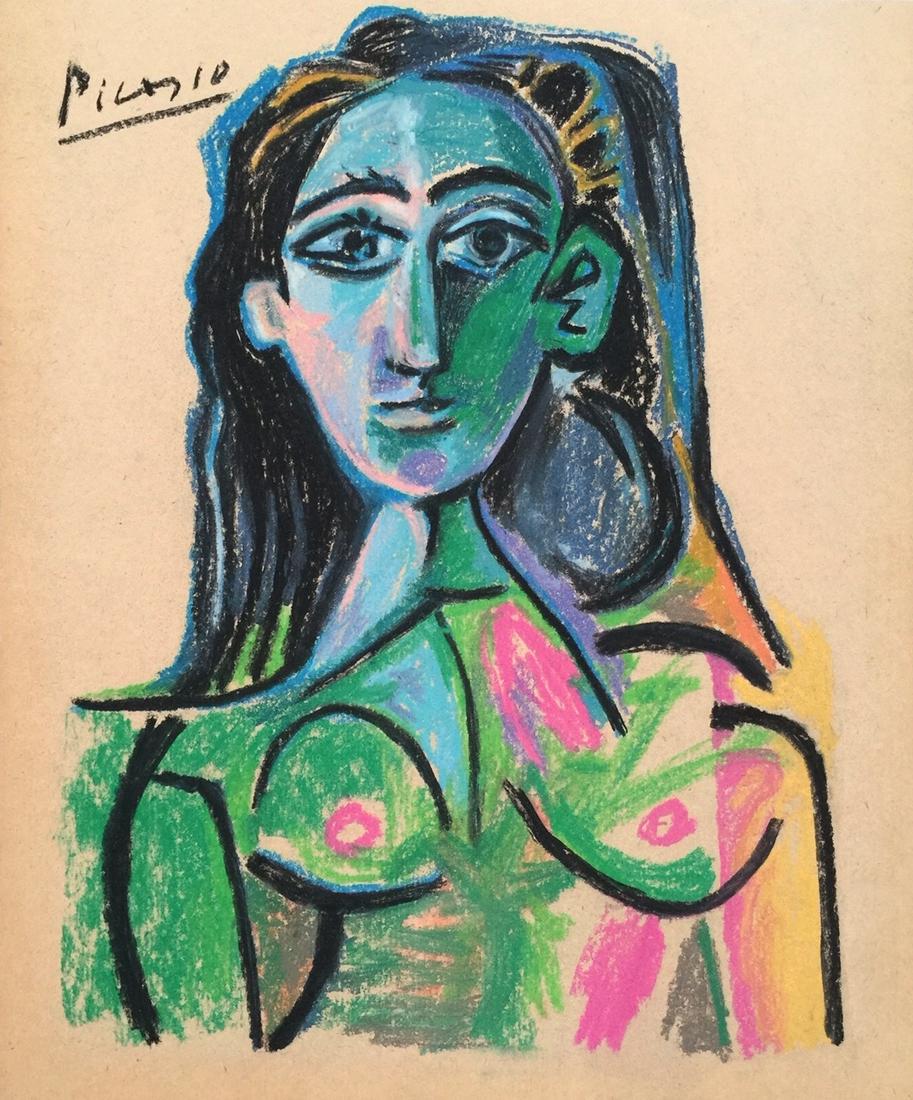 Pablo Picasso pastel on paper Spanish Cubism portrait: Pastel on paper. Signed upper left. From a private collection. 9,6 x 11,6 in. (24,3 x 29,5 cm). Pablo Picasso (1881-1973, Spanish). It is being sold in the manner or style of the artist. Depicts a wom