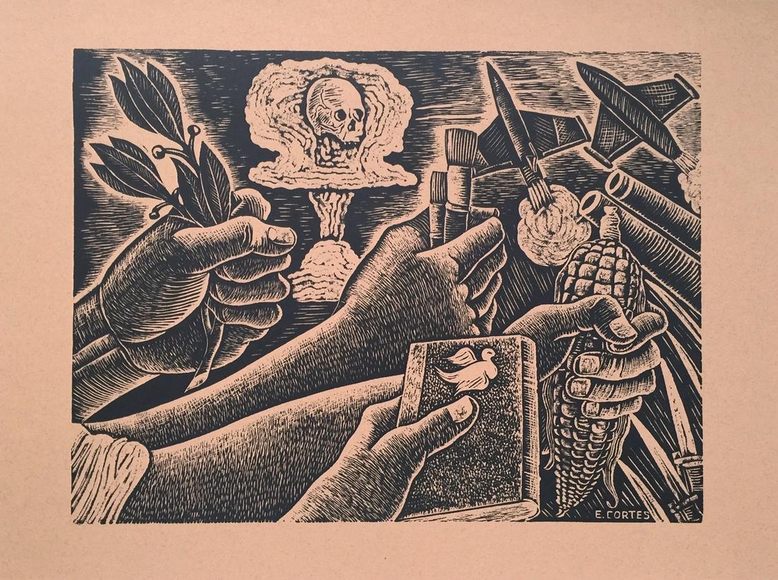 Vintage litho print Mexican Erasto Cortes Peace and war (1 of 3)