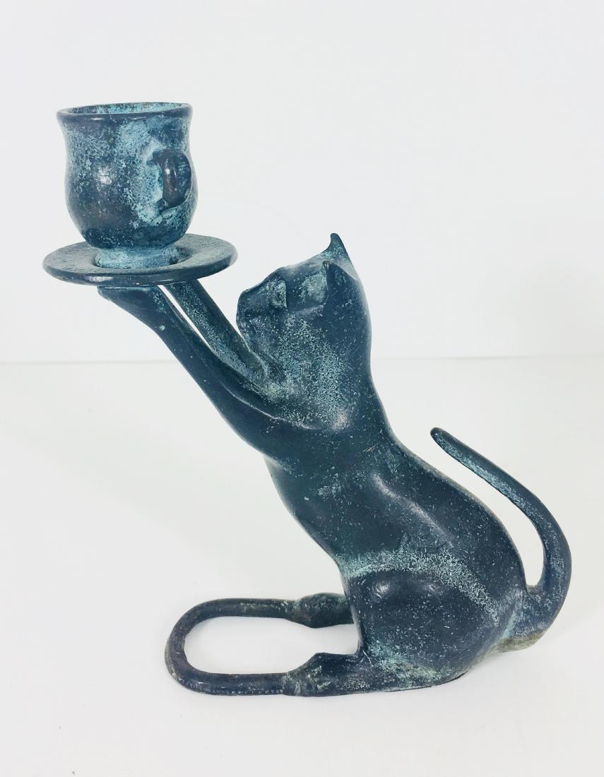 vintage green bronze candle holder cat figure