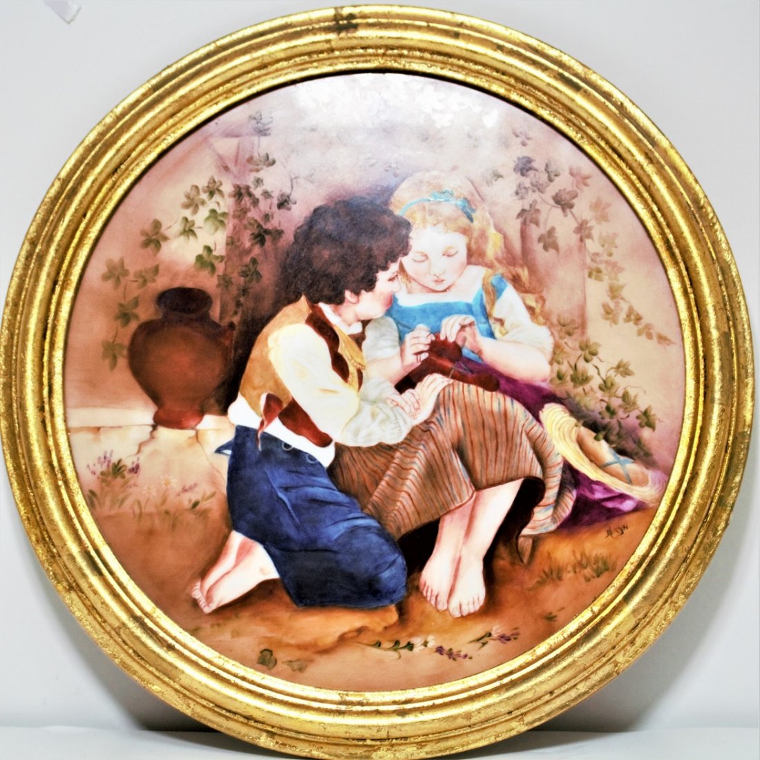 Antique Limoges France Hand Painted Large Porcelain: Antique Limoges France Hand Painted Large Porcelain Plaque charger Framed in Gold Frame ca. 1891 11.5 inches D