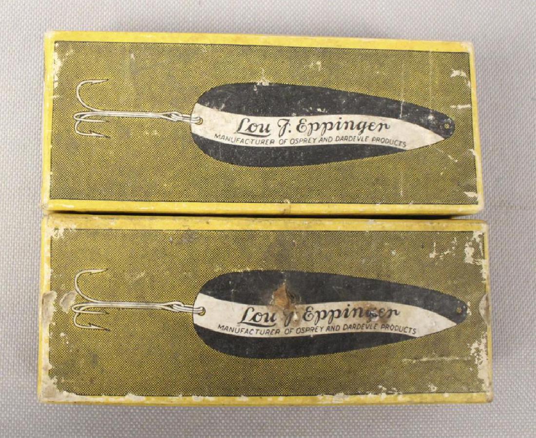 2 Older Eppinger Dardevlet Fishing Lure Boxes: Box Only, Lures Not Included. [RMP 1888]