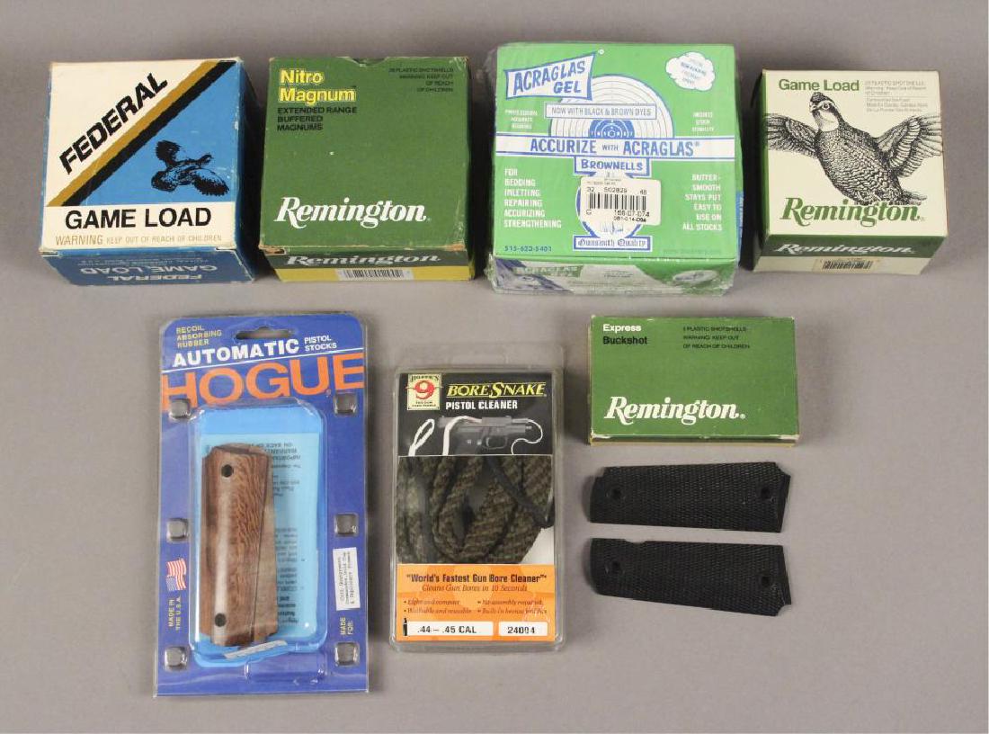 Assorted Ammo & Accessories Lot: Includes Bore Snake Pistol Cleaner, Remington Buck Shot, Hogue Automatic Pistol Stock, Acraglas Gel. Federal 20 gauge - 6 shot, 12 gauge 8 shot, Remington Express Buckshot, [ALN 731]