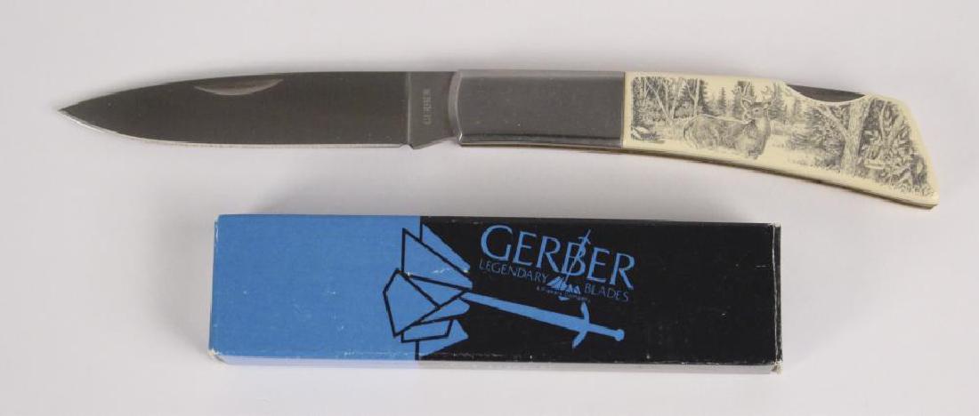 Gerber "Silver Knight" Knife: Single Lockback Blade, Etched Deer on White Micarta. [JHI 362]
