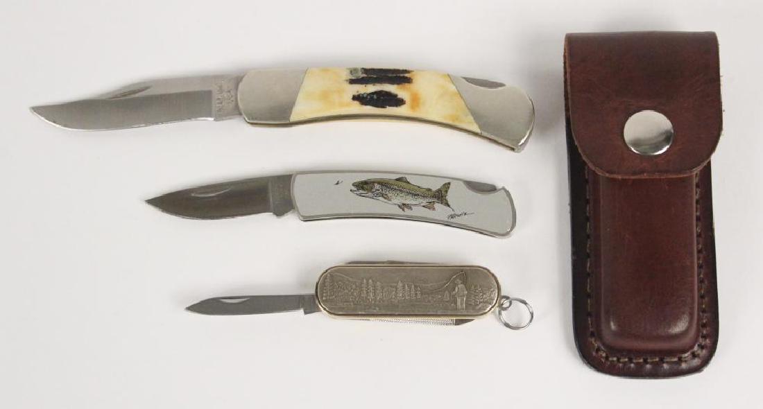 3 Pocket Knives - Buck - Barlow- Bear: Barlow, Made in China, Two Bladed Knife with Scissors, Fishing Motif. Buck, Made in USA, Stainless Steel with Fish Engraving. Bear MGC, Made in USA, Lockback Folding Knife, Fossil Bone with Case. [JHI
