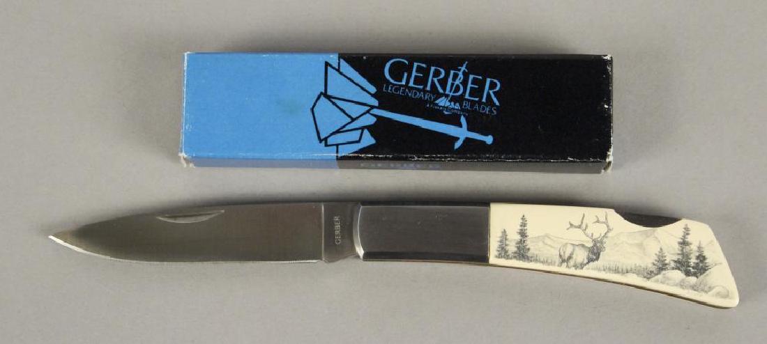 Gerber Silver Knight Pocket Knife: Lockback Knife With Elk Etched in White Micarta. [JHI 364]