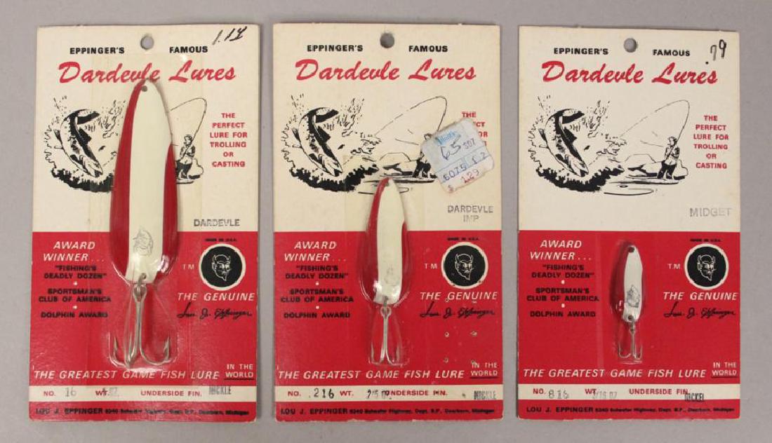 3 Sizes - Lou Eppinger Dardevle Fishing Lures Card: 3 Dare Devil Fishing Lures on Card. Dearborn, Michigan pre-Zip code. [RMP 2763]