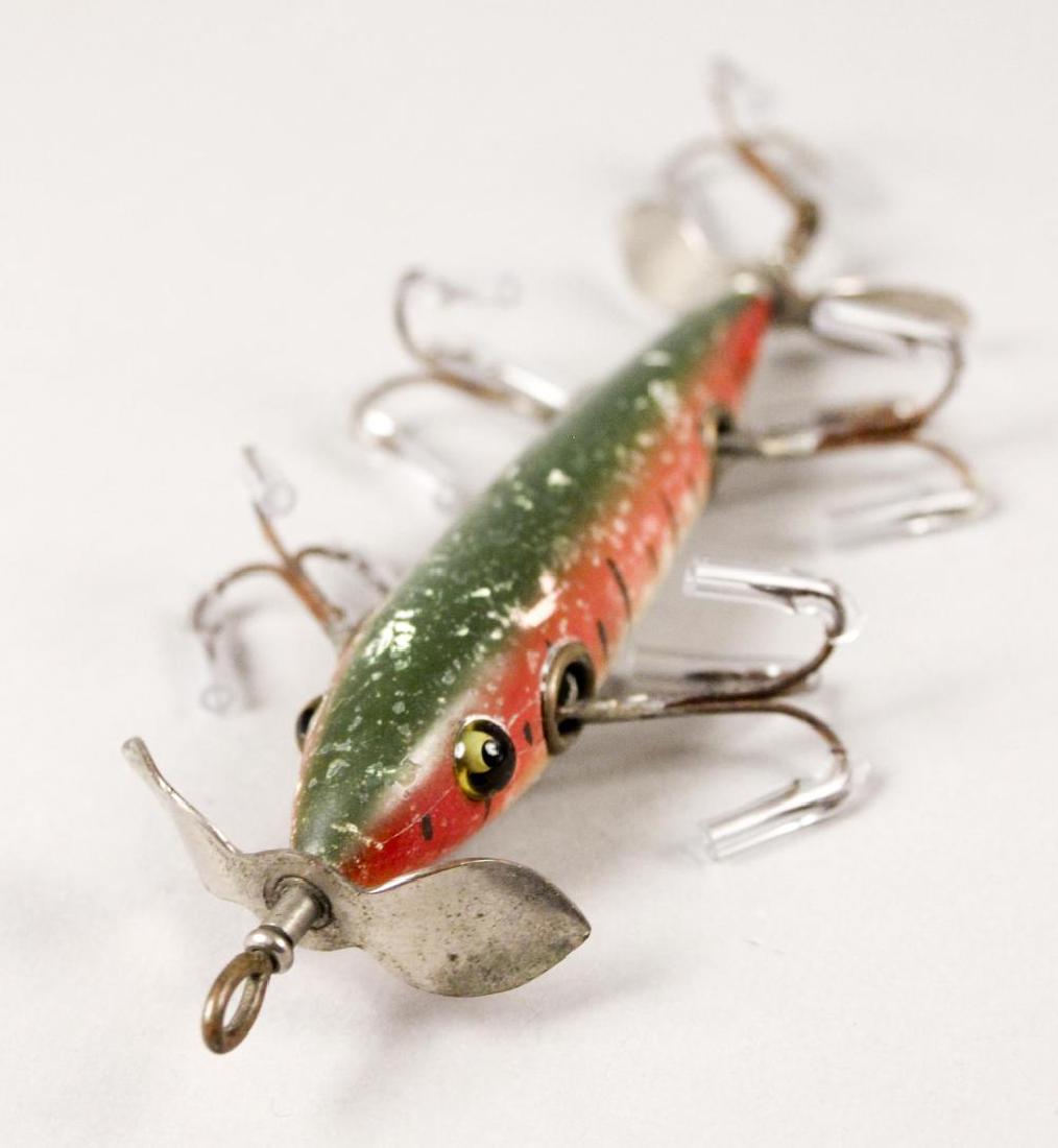 Vintage Rhodes (Shakespeare) Wooden Fishing Lure: Vintage Rhodes (Shakespeare) Wooden Fishing Lure. 5 Hook, Glass Eyes, Green and Salmon. [RMP 2120]