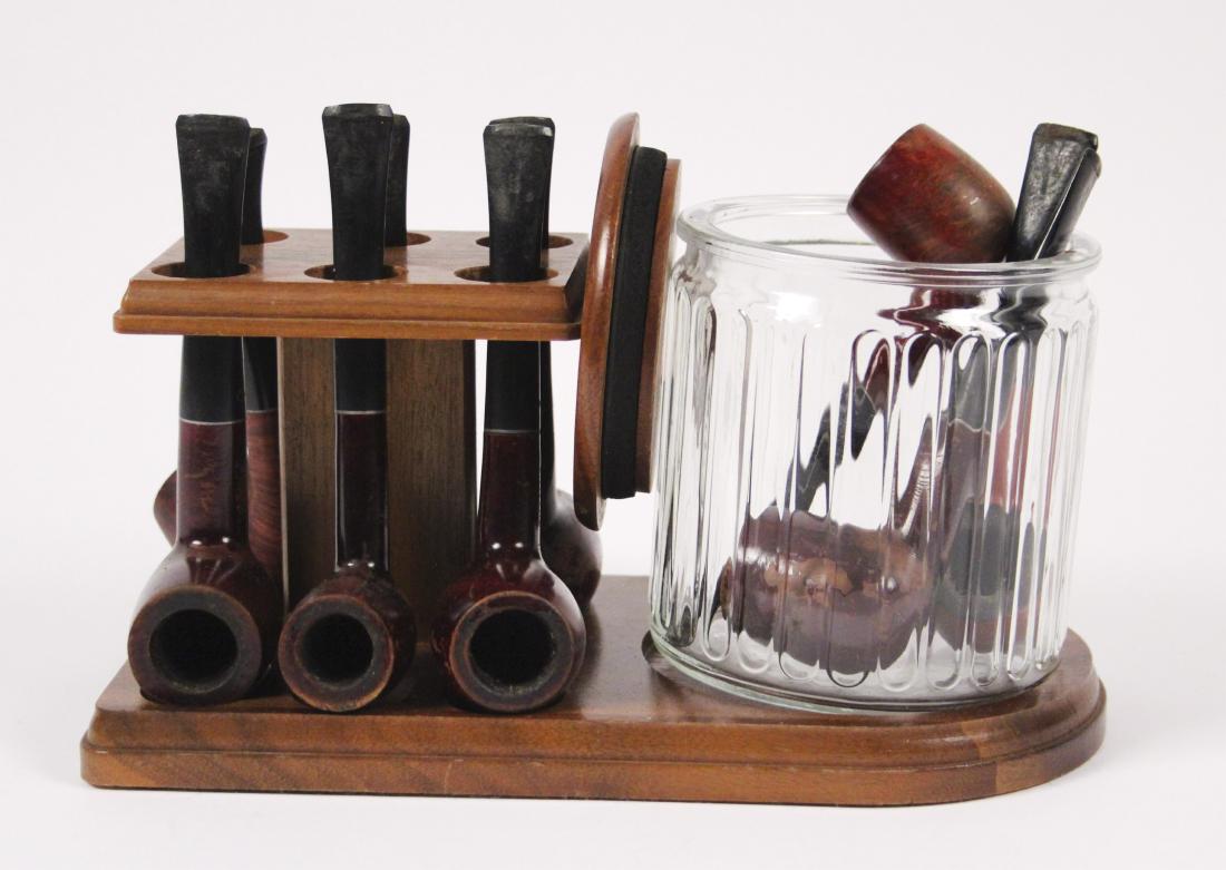 9 Pipes with Walnut Stand & Glass Tobacco Jar