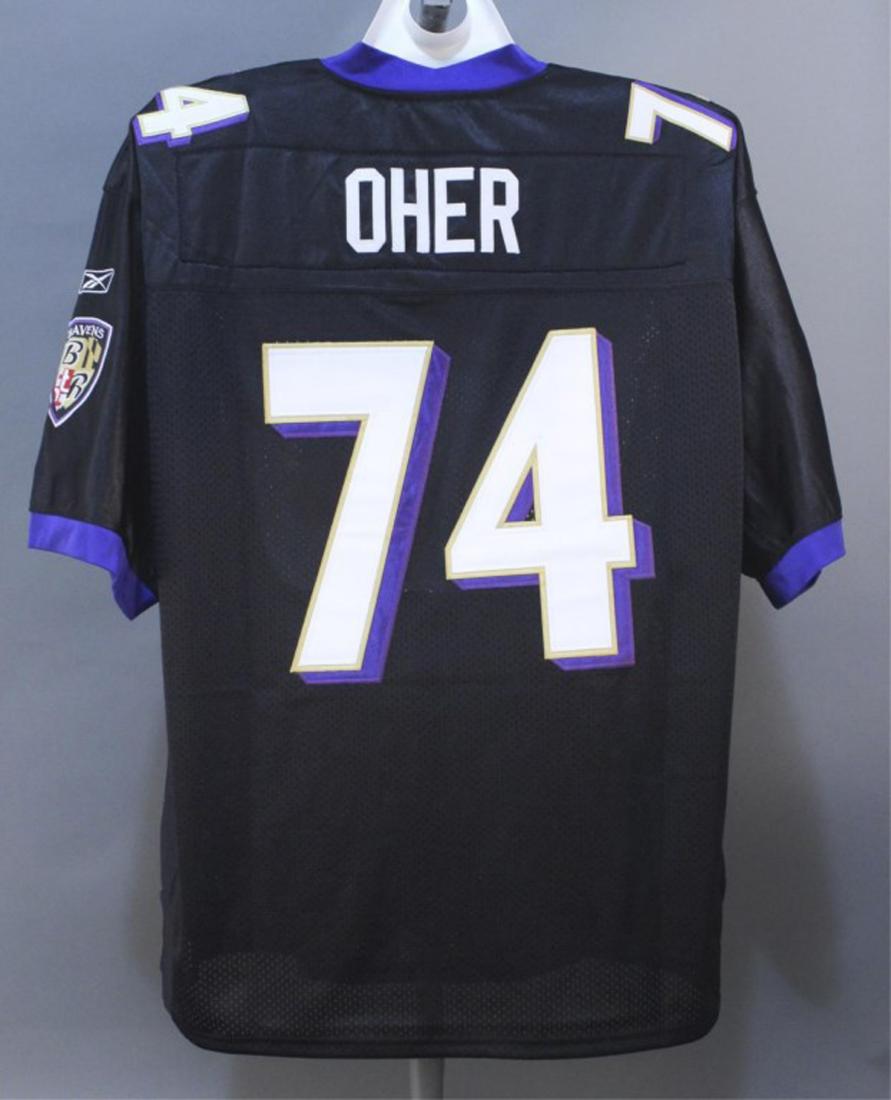 Michael Oher #74 Baltimore Ravens NFL Jersey: Offensive tackle. Memphis, Tennessee. Baltimore Ravens, Tennessee Titans, Carolina Panthers. Super Bowl champion (XLVII). Football, Size 56. Maryland. (GLA 146)