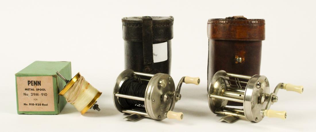 2 South Bend Fishing Reels & 1 Penn Spool: Reels are in leather cases. [JHI 316]