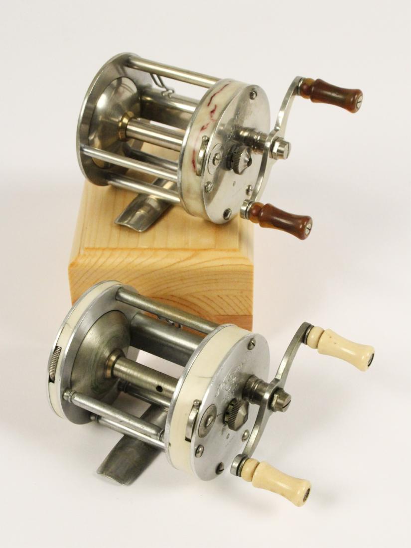 Shakespeare Ideal & President Reels: #1963 Ideal Meter Reel Model 31 and #1970 President Etched Model 32 Meter Reel. Made in Kalamazoo, Michigan. [JHI 634]