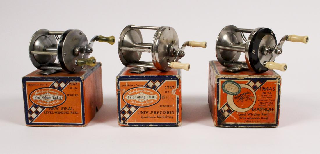 Assorted Vintage Shakespeare Fishing Reels: Lot includes Shakespeare's New Ideal LW 1963 Jeweled, Univ - Precision LW 1747 Jeweled, Marhoff 1964 AS. All in Boxes. [JHI 675]