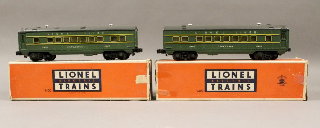 The Lionel Lines Pullman Cars No. 2400 & 2402: Maplewood No. 2400. The Lionel Lines Chatham Pullman Car No. 2402. Post war. Boxes are in rough condition. [KPA 115]