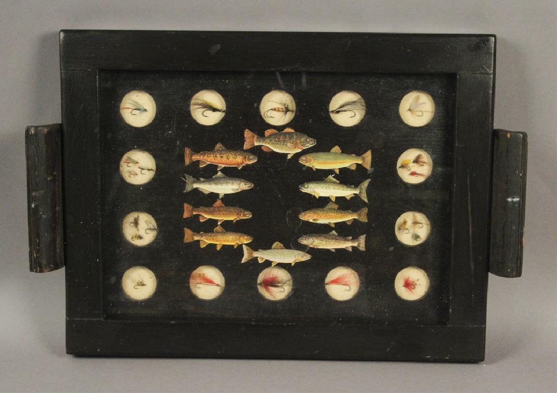 Vintage Shadow Box Fish Display Tray: Flies and fish decorate the tray. [MYE 122]