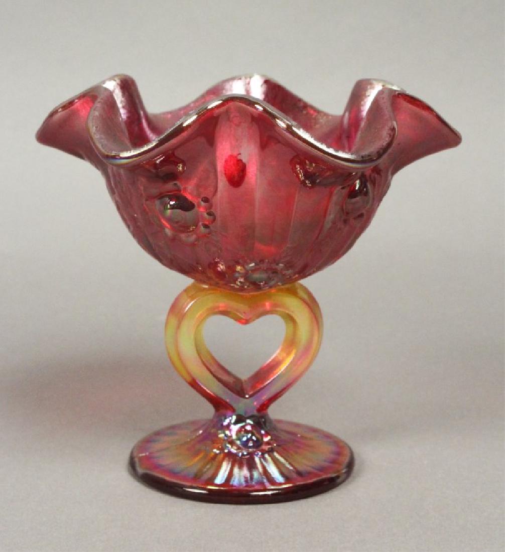 Vintage Fenton Red Iridescent Heart Pedestal Dish: Pedestal dish measures 5" Tall. [LA 3057]