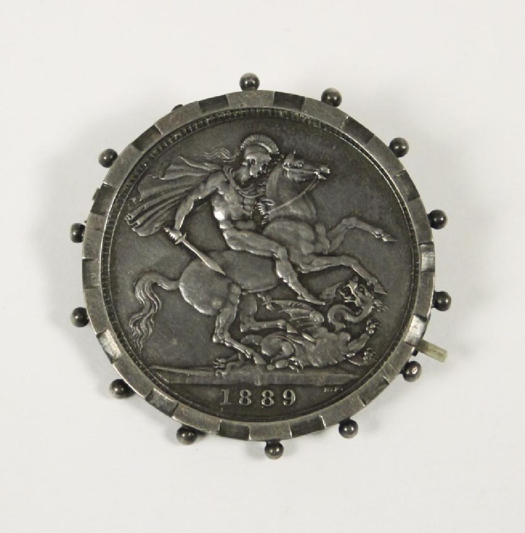 1889 Crown Victoria D:G Silver Coin Pendant Pin: Great Britain, 5 Shilling. [JHA 217]
