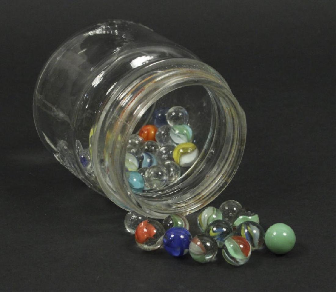2 Half Pint Ball Jars & 1 Kerr Jar with Marbles: Blue glass jars. [SCG 911]