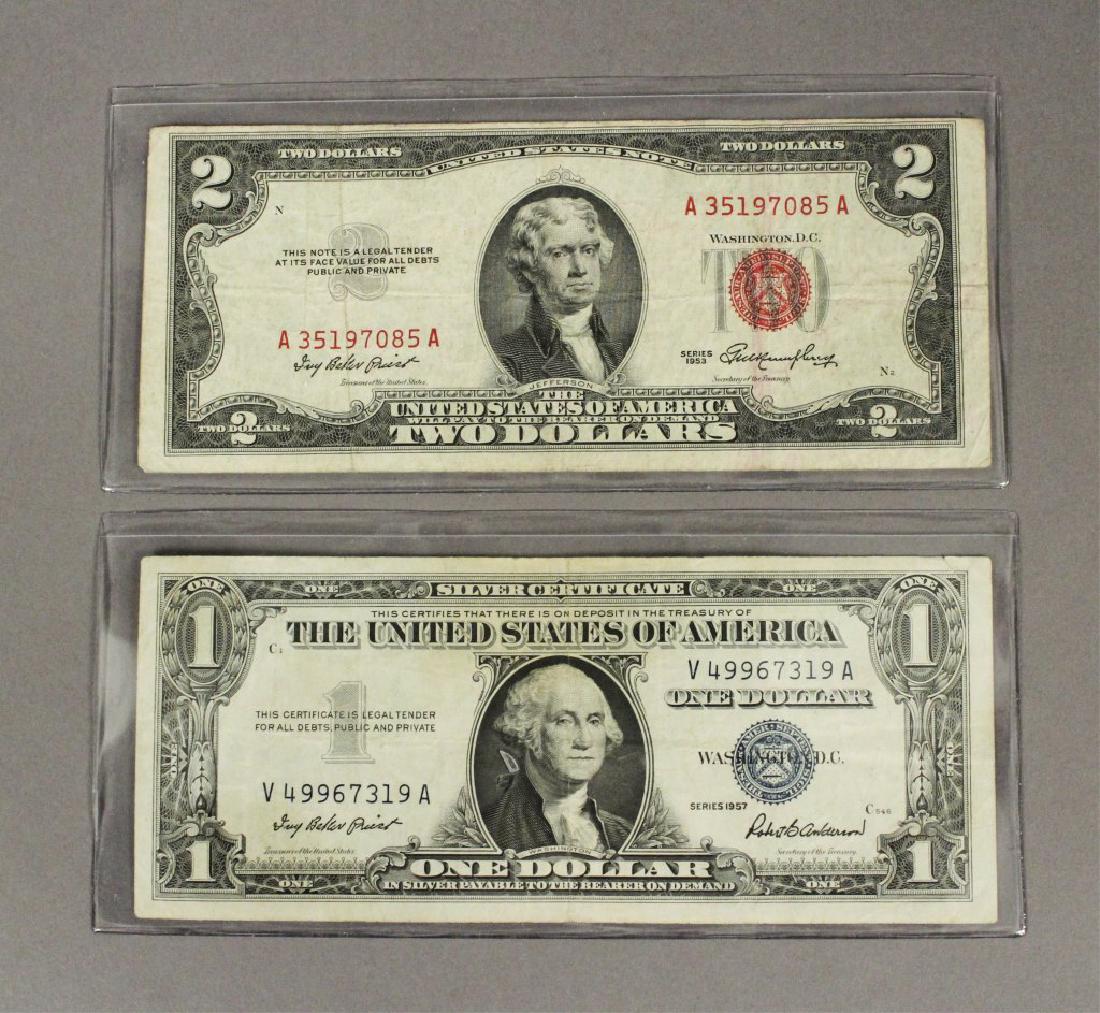 1953 $2 Note & 1957 Silver Certificate $1 Note: $2 bill with red seal and $1 silver certificate with blue seal. [ACE 231]