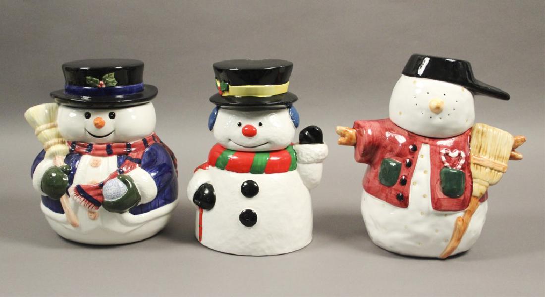 3 Classic Ceramic Snowman Cookie Jars: Holiday decor. Christmas furnishings. Winter. [SCG 901]
