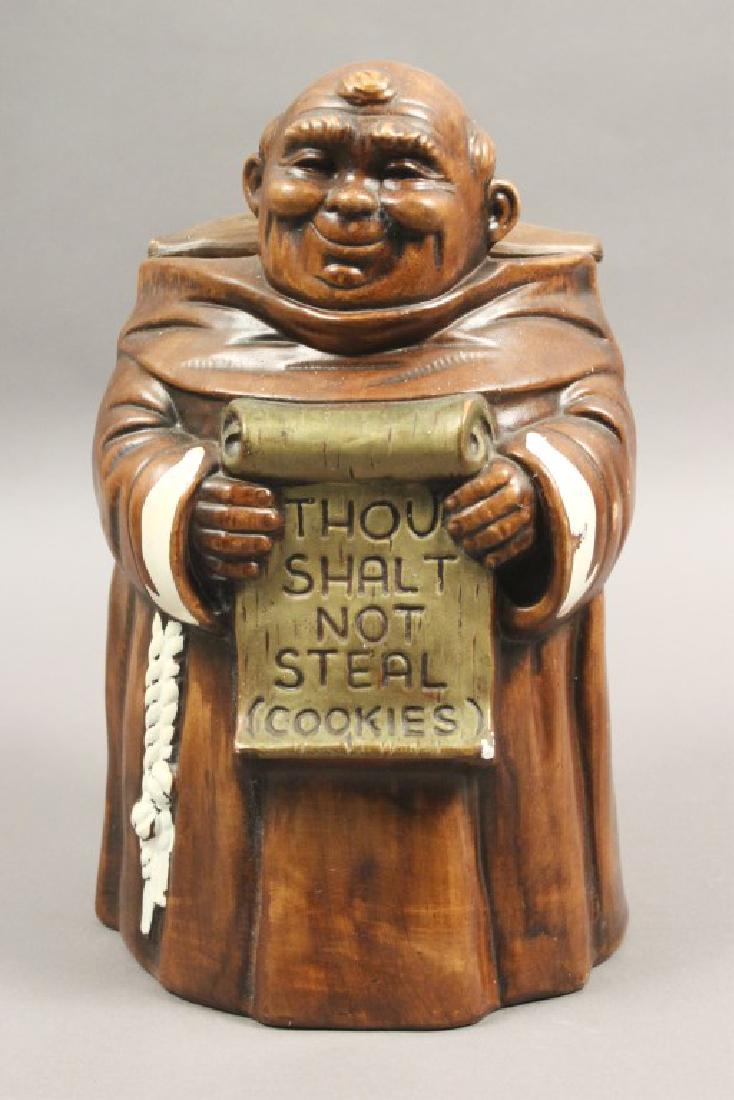 'Thou Shalt Not Steal' Friar Cookie Jar: 11" Thou Shalt Not Steal cookie jar made by Treasure Craft in California. However...could we borrow a few cookies? Catholic. Episcopal. Protestant. Friar Tuck. Robin Hood. Baking. Kitchen Decor. [SCG 