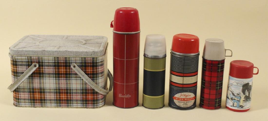 Vintage Plaid Metal Picnic Basket with 5 Thermoses: [TJC 121]