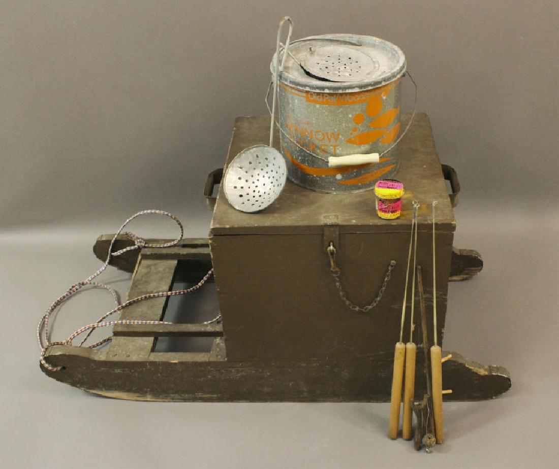 Vintage Ice Fishing Sled - Tackle Box & Supplies: With minnow bucket, scoop, poles and power bait. [LA 4159]