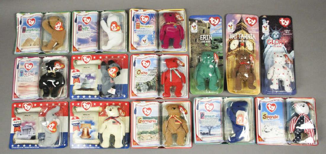 14 Assorted Beanie Babies in Original Packaging: Beanie Babies included in this collection include Humphrey, The End, Lefty, Chilly, Righty, Libearty, Osito, Germania, Millennium, Erin, Peanut, Britannia, glory & spangle. If I had what I spent on Be