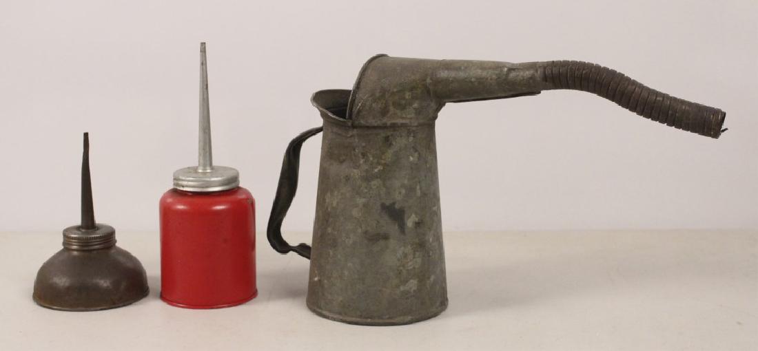 3 Vintage Oil & Funnel Cans - Auto Collectibles: Galvanized one quart oil can and two small oil cans. Ford, Chevy, Buick, Chrysler. For similar items in our catalog: Collectibles & Furniture - Lots 202 to 598. Tools - Lots 600 to 654. Guns - Lots 20