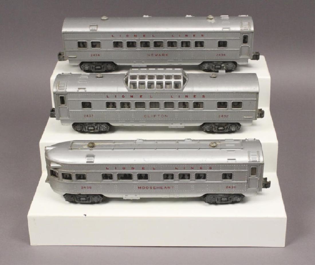 3 Lionel Illuminated Pullman Passenger Cars: Postwar Clifton 2432, Newark 2434, and Mooseheart 2436. O-27. [JSC 139]