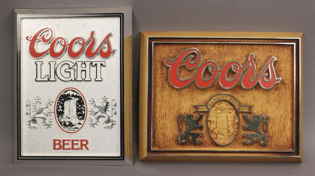 2 Adolph Coors Beer Collector Signs: Plastic. Coors sign measures 15" x 18.5" and Coors Light sign measures 13.5" x 17.75". Beer, Liquor, Wine. [KRE 132]