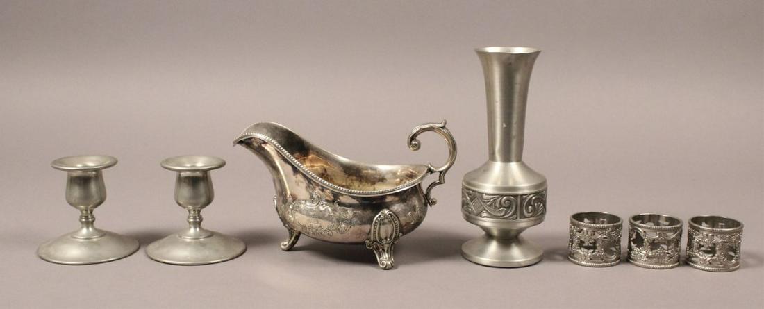 Silver & Pewter Table Accessories Lot: Gravy Boat by Martin, Hall & Co. Stamped EPGS on the bottom, Candle Holders, napkin holders. [TJC 521]