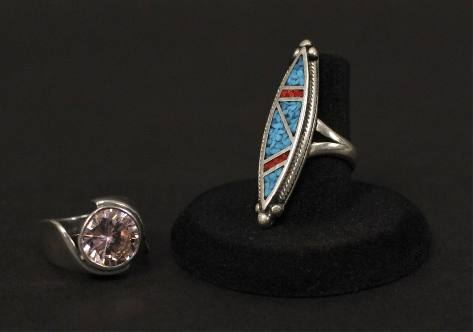 2 Sterling Silver Rings - Turquoise - Pink Size 6: Round pink gemstone and Marquise shaped turquoise rings. [PNE 496]