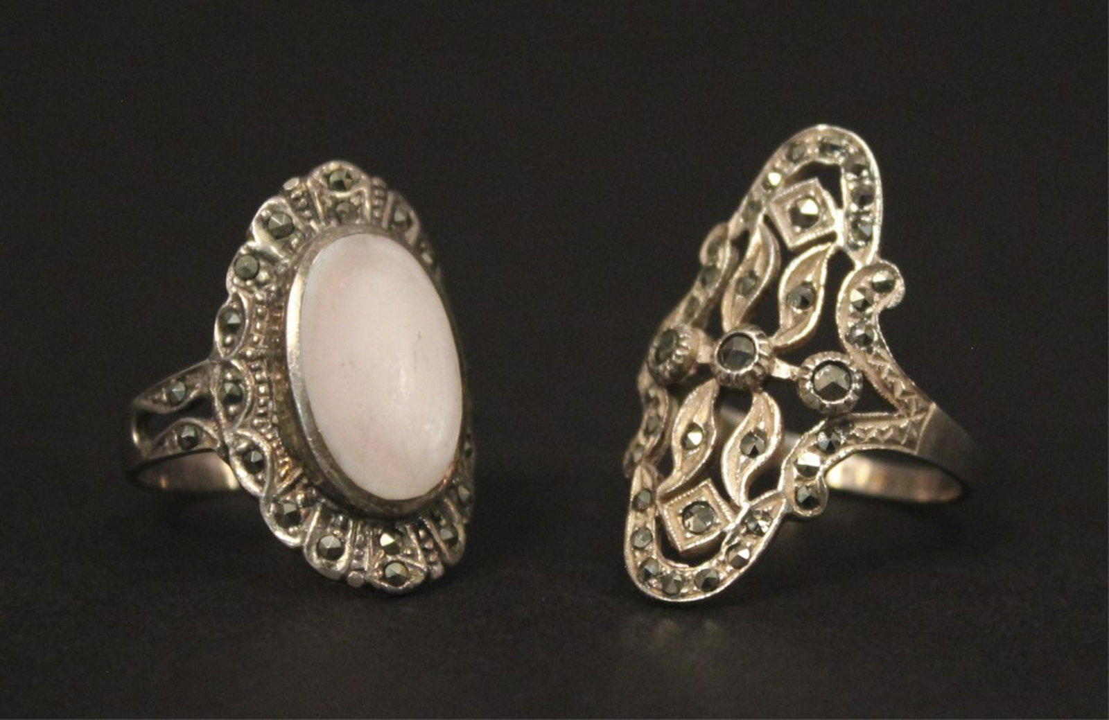 2 Sterling Silver Marcasite Rings Size 8.5: Both rings marked .925. One marked N.D. [PNE 477]