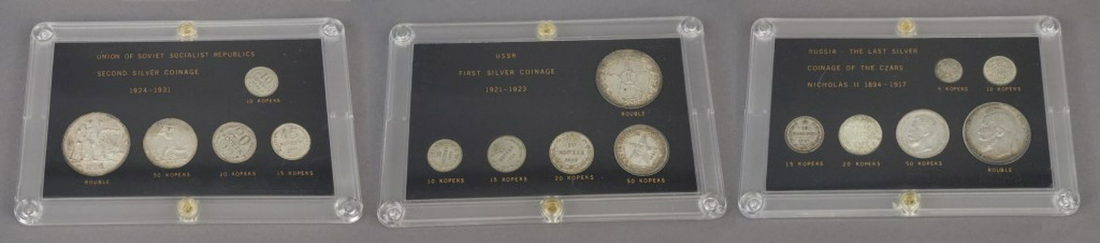3 Russia Kopecks Silver Coinage: Three Sets of Russia includes The Last Silver Coinage of the Czars Nicholas II 1894 - 1917, USSR First Silver Coinage 1921 - 1923 & USSR Second Silver Coinage 1924 - 1931. [KRE 253]