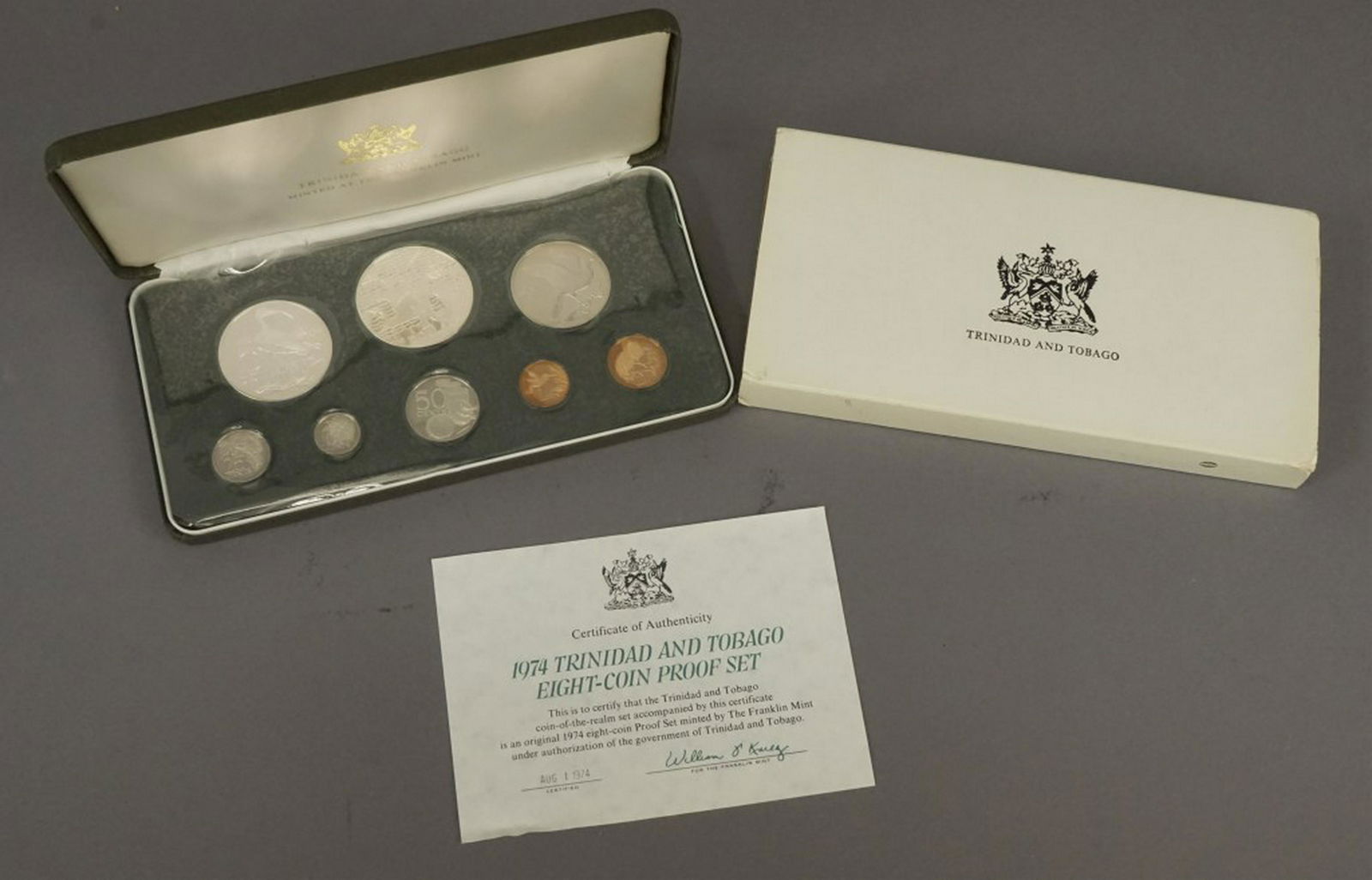 1974 Trinidad & Tobago 8 Coin Proof Set: Original 1974 eight coin Proof Set minted by the Franklin Mint under authorization of the government of Trinidad and Tobago. Includes COA. [KRE 377]