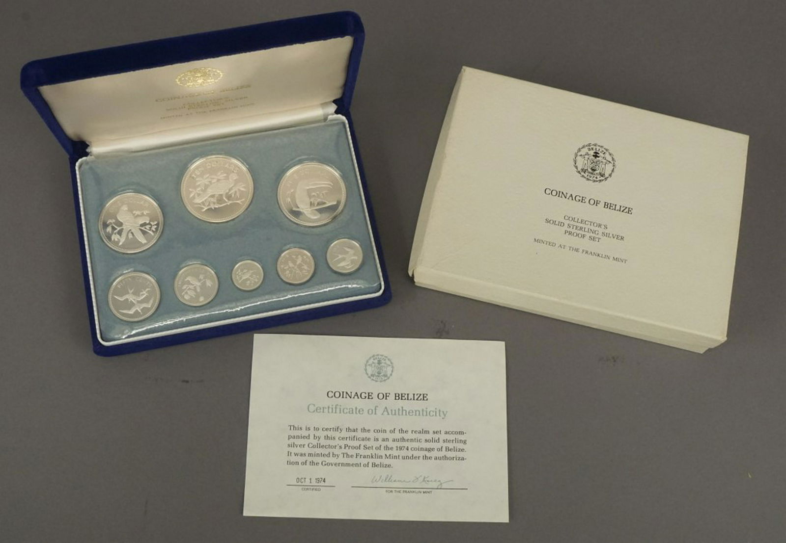 1974 Sterling Silver 8 Coins Proof Set of Belize: Minted by The Franklin Mint under the authorization of the Government of Belize. Includes COA. [KRE 379]