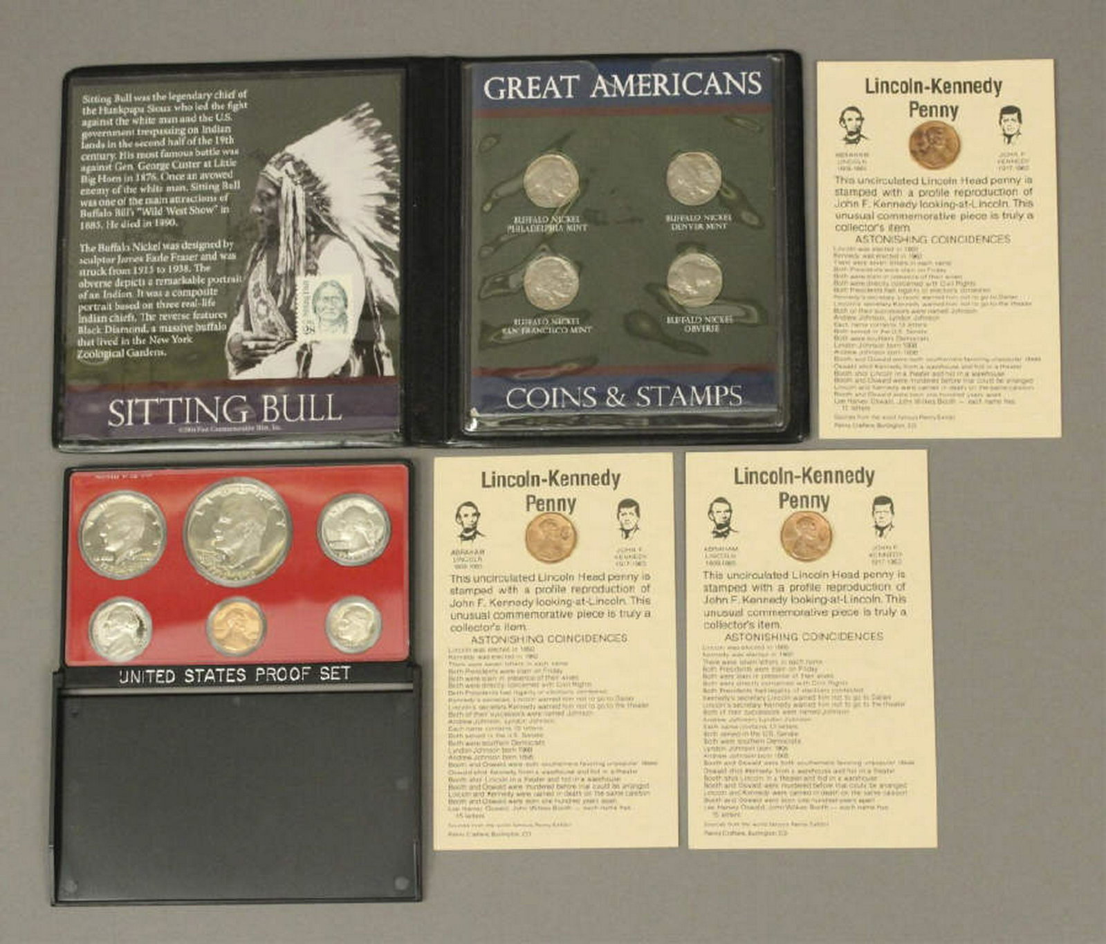 Assorted U.S. Coin Collection: Collection includes bicentennial coin proof set, 3 - 1988 Lincoln- Kennedy Penny. First Commemorative Mint. Sitting Bull 28 cent stamp with 1935 -1936 - 1937 Buffalo Nickel Set. Minted in Philadelphia