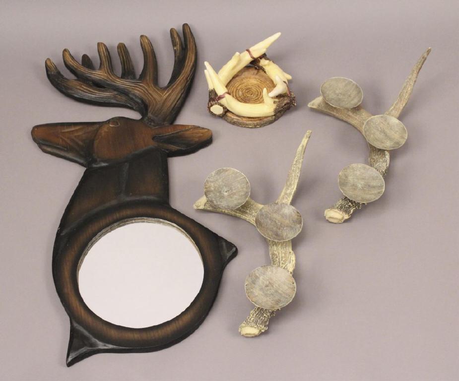 Assorted Deer Items - Candle Holders - Mirror: Antler candle holders. Wood deer mirror. [CWH 101]
