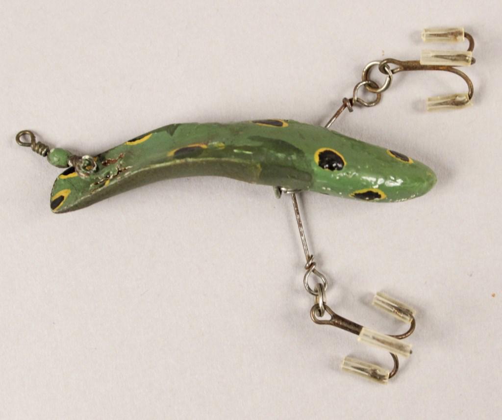 Vintage Bud Stewart Frog Wood Fishing Lure: Made right here in Alpena Michigan by legendary lure maker Bud Stewart. [RMP 2725]