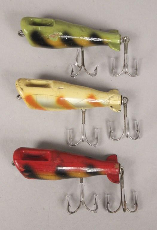 3 Bass Caller Detroit Made Fishing Lures: Detroit Bait Co. Detroit, Michigan. 1930's / 40's. Wood. [RMP 2782]