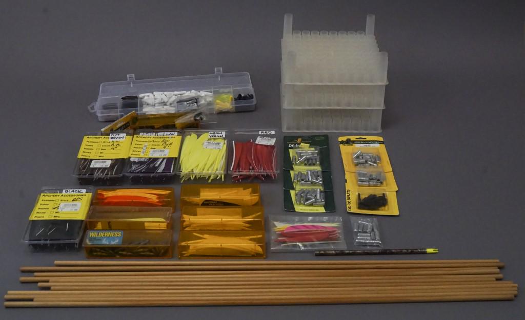Archery Arrow Making Supplies Lot: Gateway Fetching feathers - 4" R / W Parabolic Flo - white, pink, yellow, purple, brown, red. Wood dowels, Satellite Archery points - Wilderness points, bullet points, brawdheads. [DJD 207]