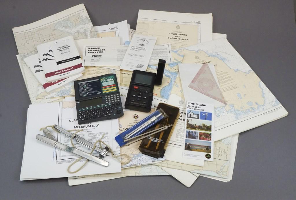 Satellite Navigation System With Lake Huron Maps: Royal Glo, Meridian XL Magellan. Maps include Lake Huron to Beaverstone bay to Lonely Island to McGregor Bay, Clapperton Island to Meldrum Bay, Meldrum bay to St. Joseph Island, Bruce Mines to Sugar I