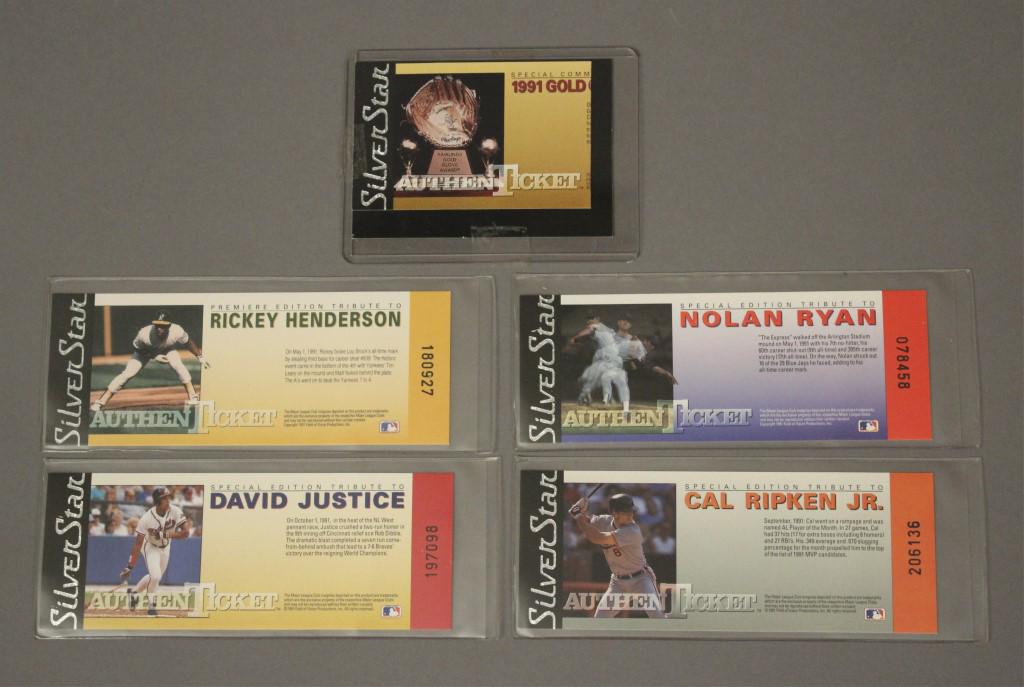 1991 Silver Star AuthenTicket Baseball Cards: 1991 Silver Star Texas Rangers Nolan Ryan Authenticket Commemorative Ticket. 1991 Silver Star Cal Ripken Jr., David Justice, & Rickey Henderson Authenticket Commemorative Tickets. [PPK 133]