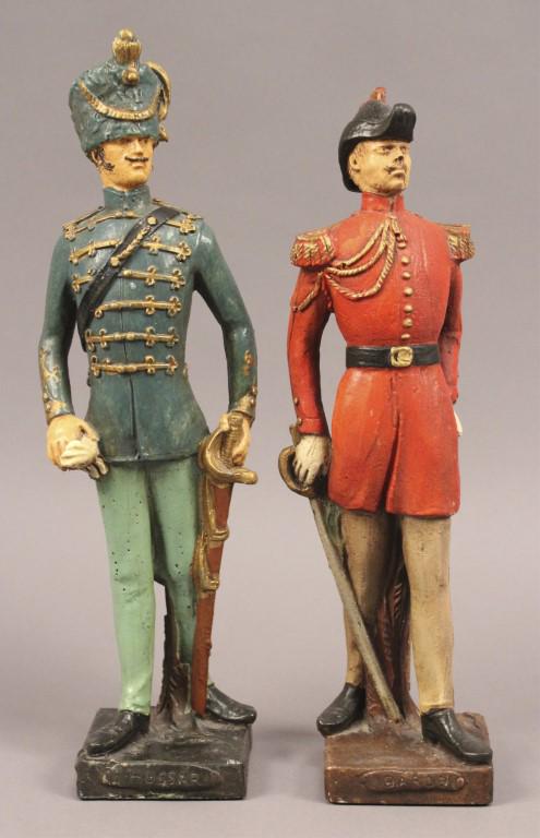 2 Vintage Military Figurines - Hussar - Garde: Measures approximately 14" tall. A Hussar was a member of a class of light cavalry, originating in Central Europe during the 15th and 16th centuries. [WOO 164]