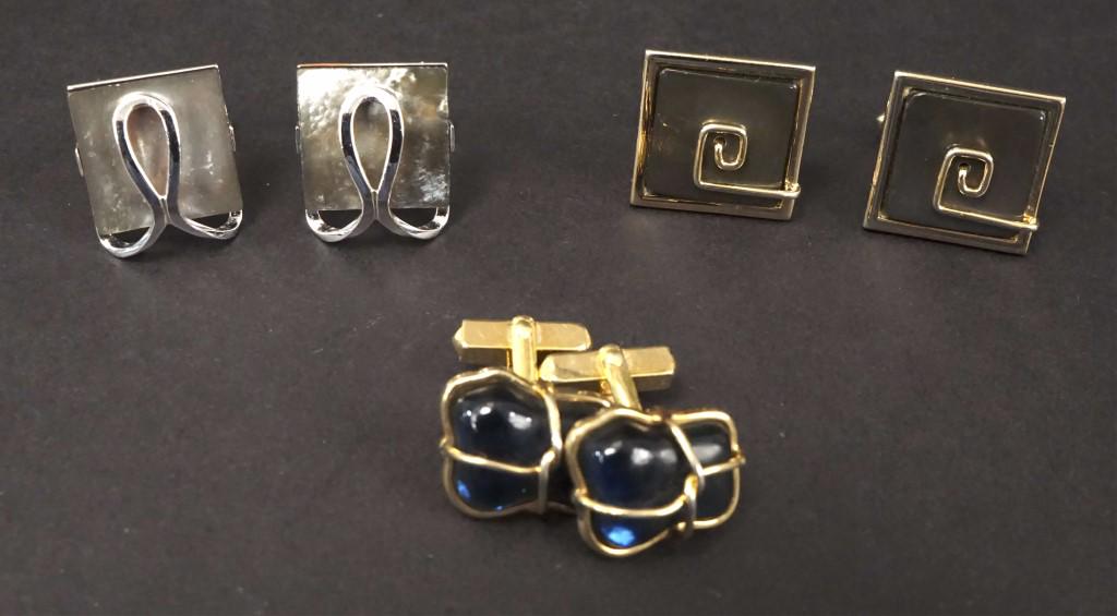 3 Pair of Men's Designer Cuff Links - Swank: Gold tone with black inlay, gold tone with blue stones and silver tone. [BBB 135]