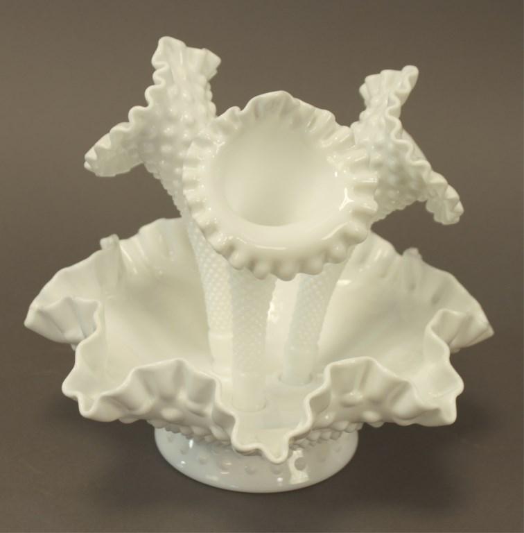 Fenton White Hobnail 3 Horn Epergne Ruffled Vase: Fenton Art Glass produced beautifully designed glassware between 1905 and 2011. Many of its unique "frilly" pieces are considered collectibles. Prices range dramatically; while some items are easily a