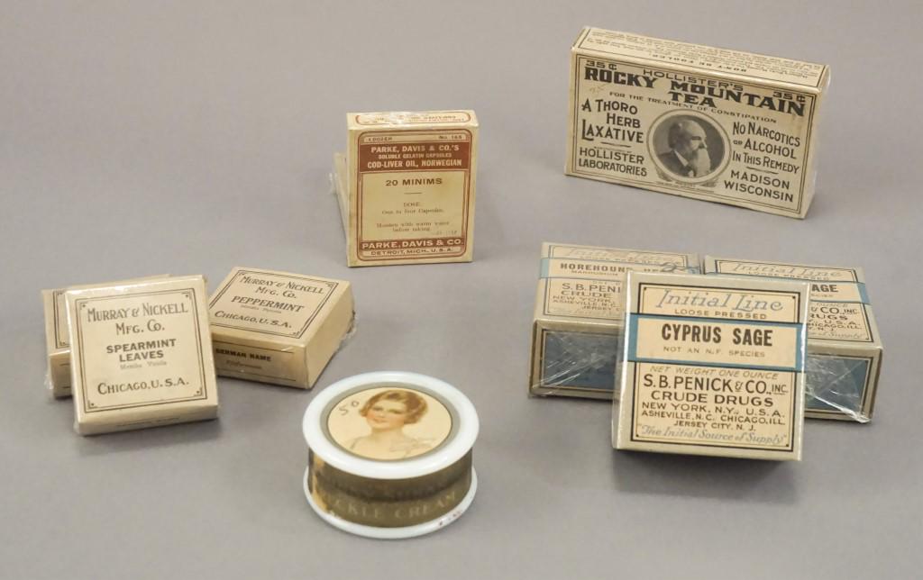 Collection of Vintage Apothecary: Murray & Nickell - Spearmint leaves, Peppermint. Inital Line - Cyprus Sage and Horehound, Rocky Mountain Tea and more. [JBO 123]