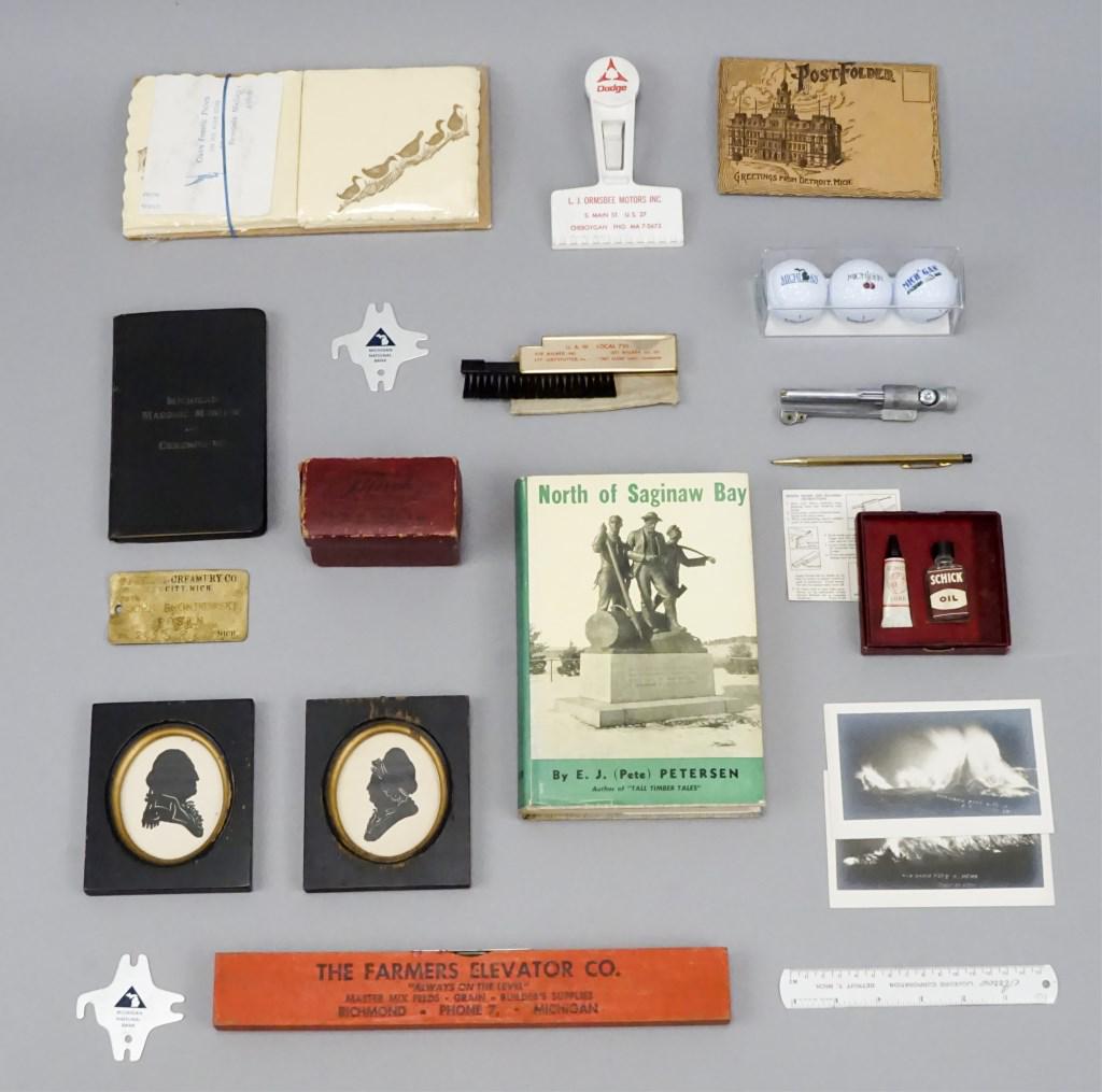 Michigan Vintage Advertising & Ephemera Lot: The Farmers Elevator Co. Richmond, MI, George and Martha Washington artwork, Flinch Card Company Kalamazoo, MI, Detroit Postcards North of Saginaw Bay by E. J. Petersen and More Michigan Items. [RMP 3